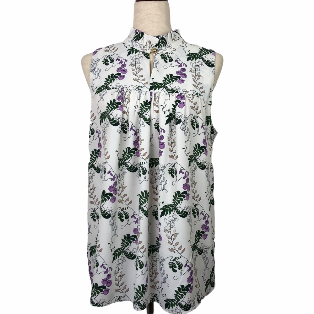 Ann Taylor Floral Sleeveless Ruffle Mock Neck Top
